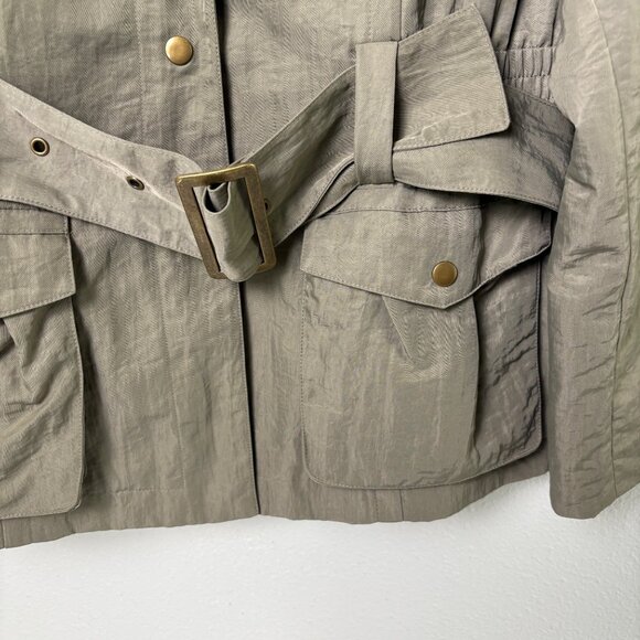 J Jill Cargo Utility Jacket Petite L LP Green Nylon Snap Safari Trench Belt Coat - Picture 2 of 11